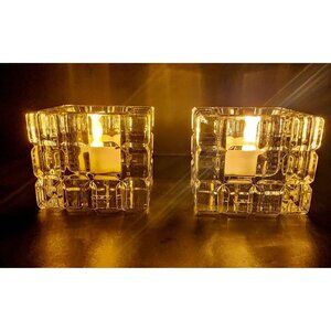 Simon Design Crystal Glass Tea Light Candle Holders Pair Square Art Deco Style